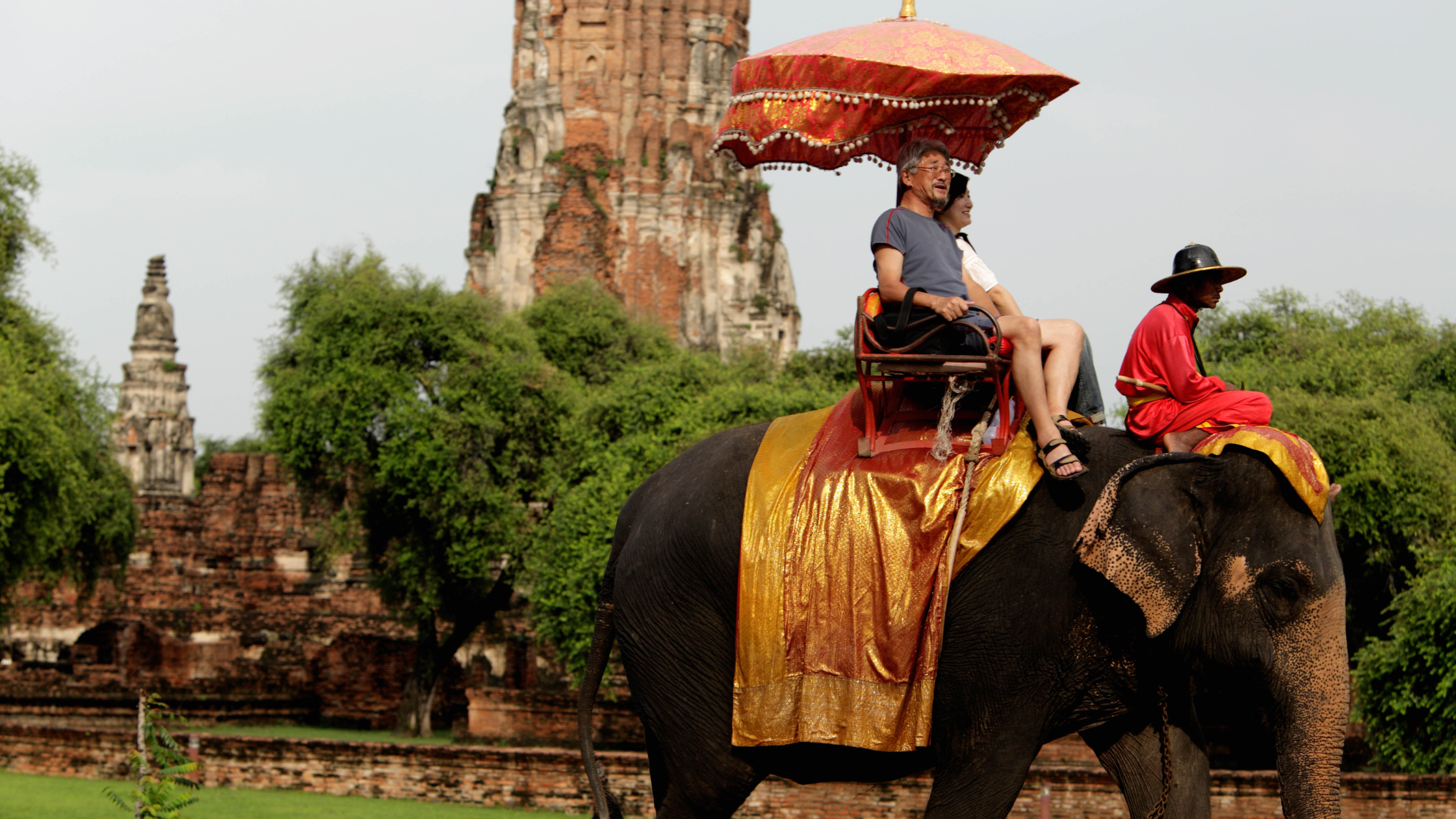 Tourists riding an elephant with a decorative red umbrella near ancient ruins surrounded by greenery.
